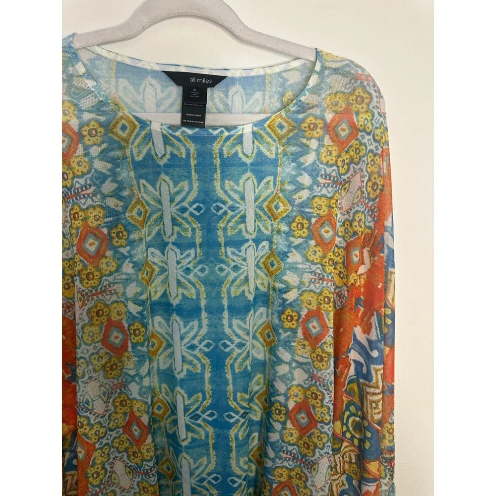 Ali Miles Womens XL Sheer Mesh Poncho Top Geometric Handkerchief Hem *Flawed - Picture 4 of 14